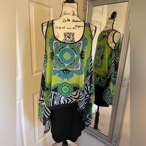 Black tank dress with zebra and geometric sheer overlay